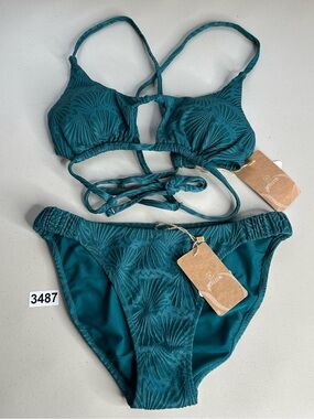 Berlook Bikini Set Large Dark Green Elastic Bottom Textured Cutout Top